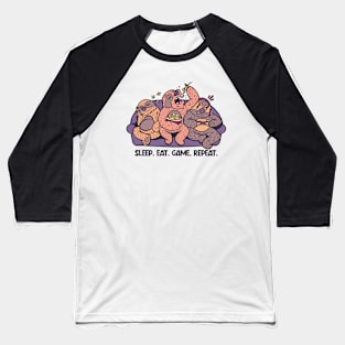 Sleep Eat Game Repeat // Funny Cartoon Sloths on the Couch Baseball T-Shirt